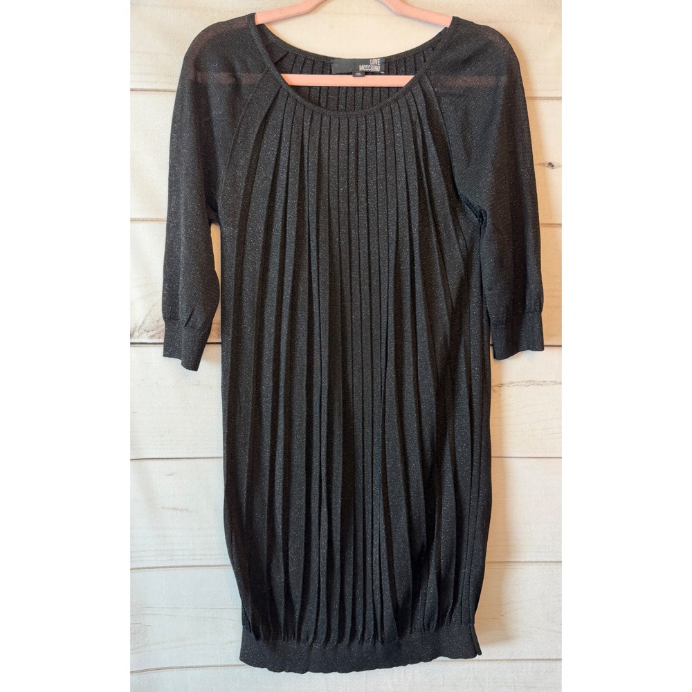 Love Moschino Black Metallic Pleated Knit Mini Dress 3/4 Sleeve Made in Italy